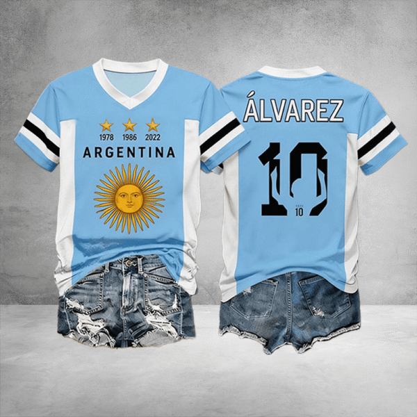 Argentina World Cup Games 1978 1986 2022 V Neck Shirt Match Day Clothes For Her.png