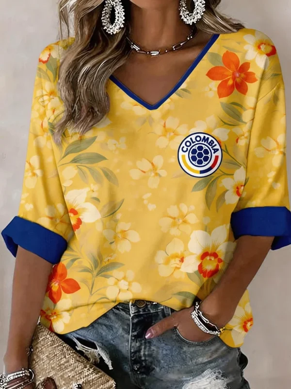 Colombia World Cup Games V Neck Long Sleeve Shirt Colombia Soccer Apparel Fan Gifts.webp